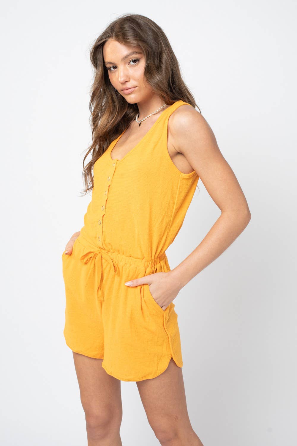 Very J Button Down Cinch Waist Romper