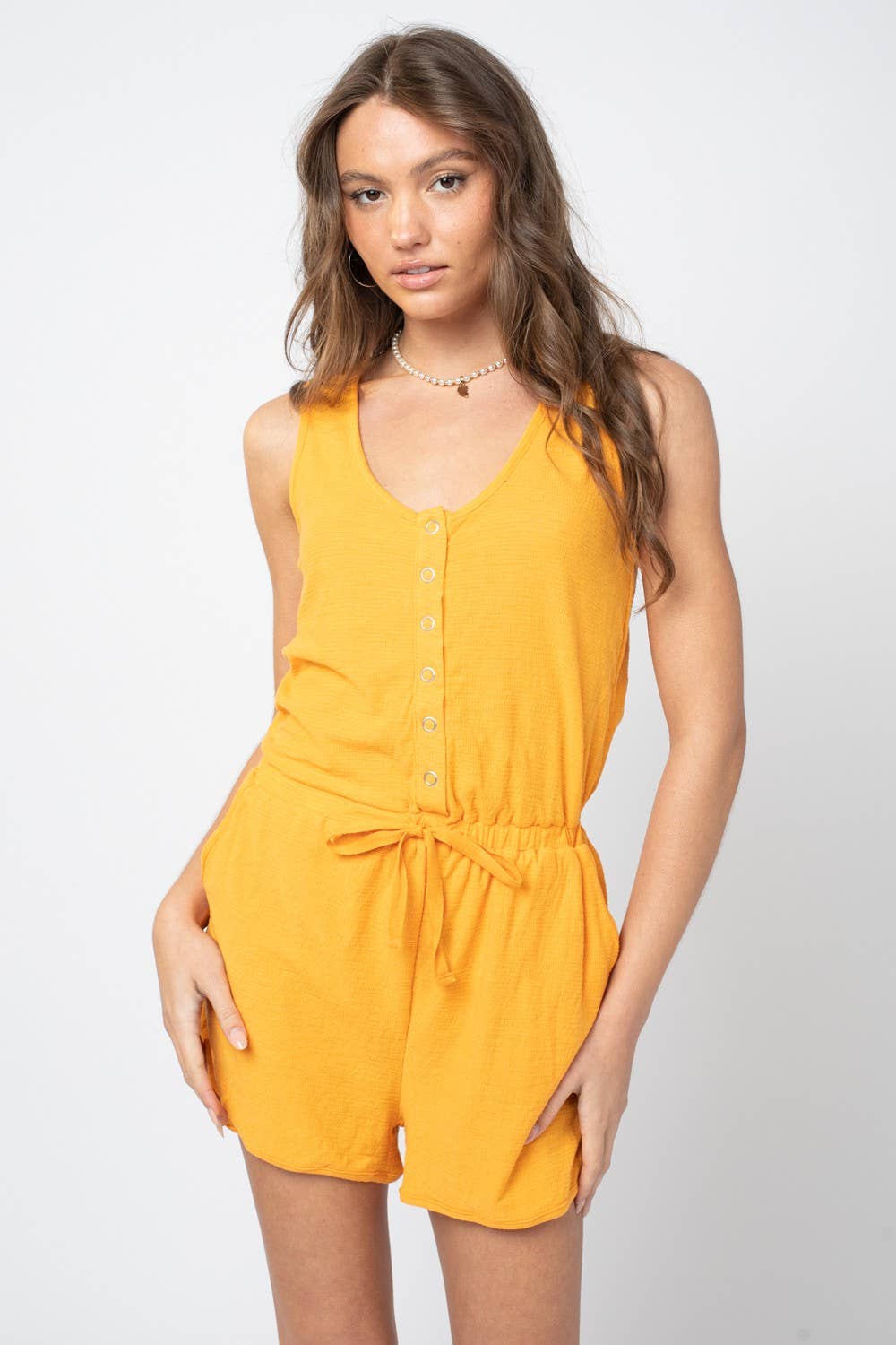 Very J Button Down Cinch Waist Romper