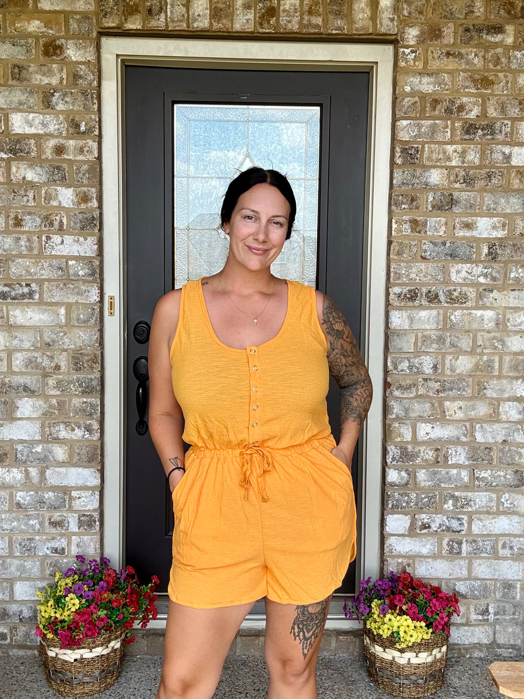 Very J Button Down Cinch Waist Romper
